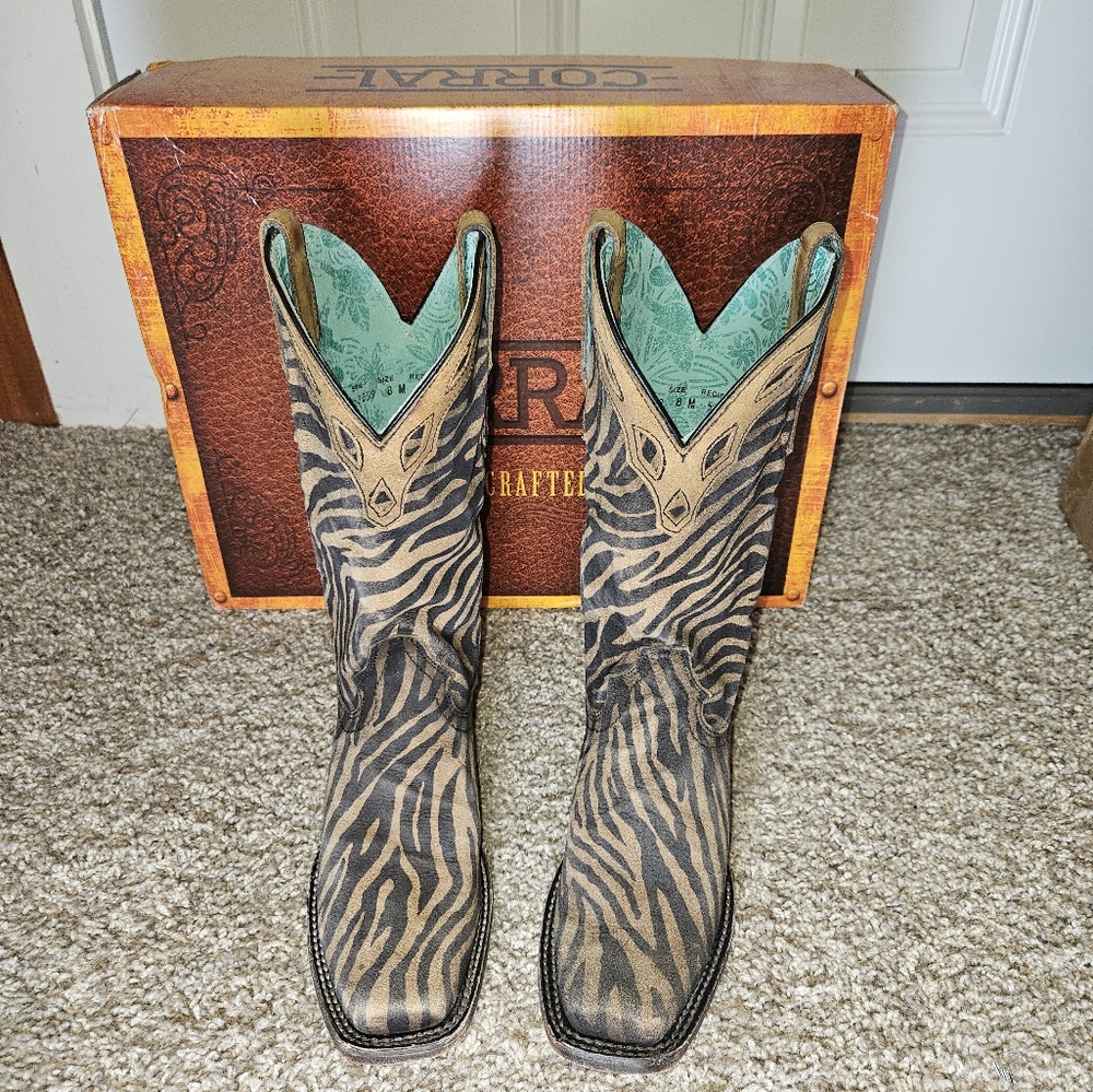 Corral Brown and Black Zebra Print Heeled Cowboy Boots with Turquoise Lining